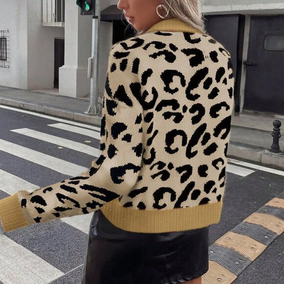 Multicolor Casual Women's Leopard Print Crew Neck Long Sleeve Pullover Sweater - Picture 2 of 5